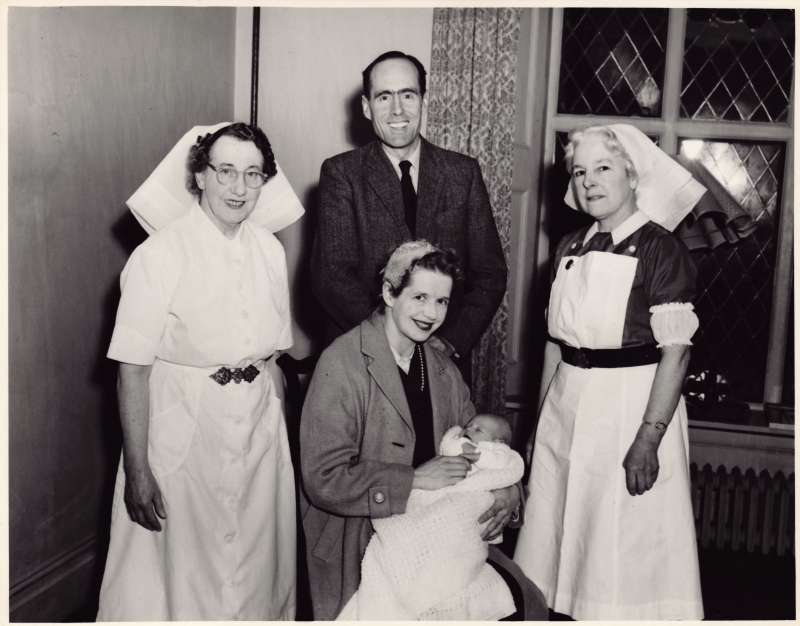 Sue Ryder, Leonard Cheshire and two Nurses pose together with the newborn Jeromy Cheshire
