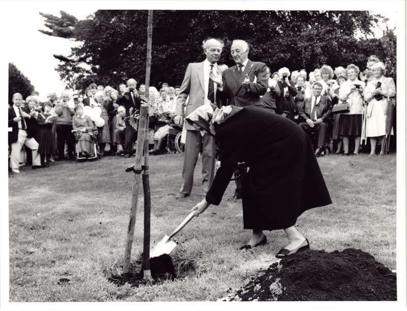 A lady in a headscarf using a shovel to plant a tree, watched on by two men clapping and a crowd behind