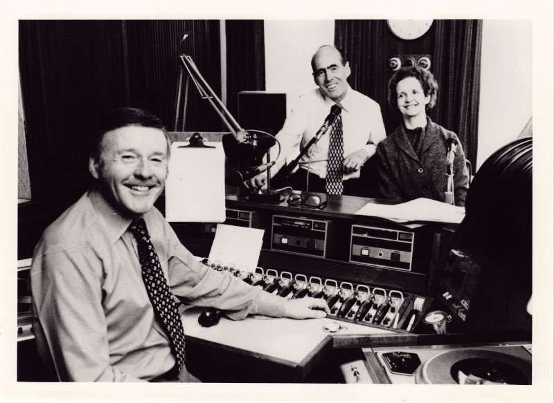 Leonard Cheshire and Sue Ryder sat smiling in a radio studio with another man